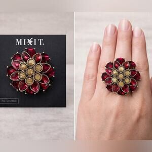 MIXIT Red Crystal Flower Stretch Ring Gold Tone Statement, brand new